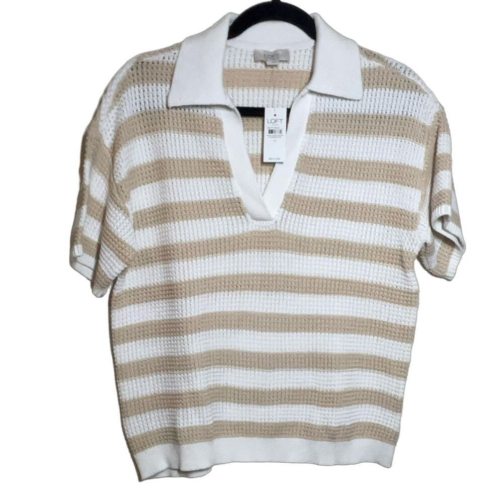 LOFT Women's Polo Shirt Medium White Striped 100% Cotton Short Sleeve Knit Top